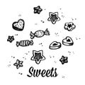 Sweets, cookies and candies sketch. Hand drawn vector illustration isolated on white background.